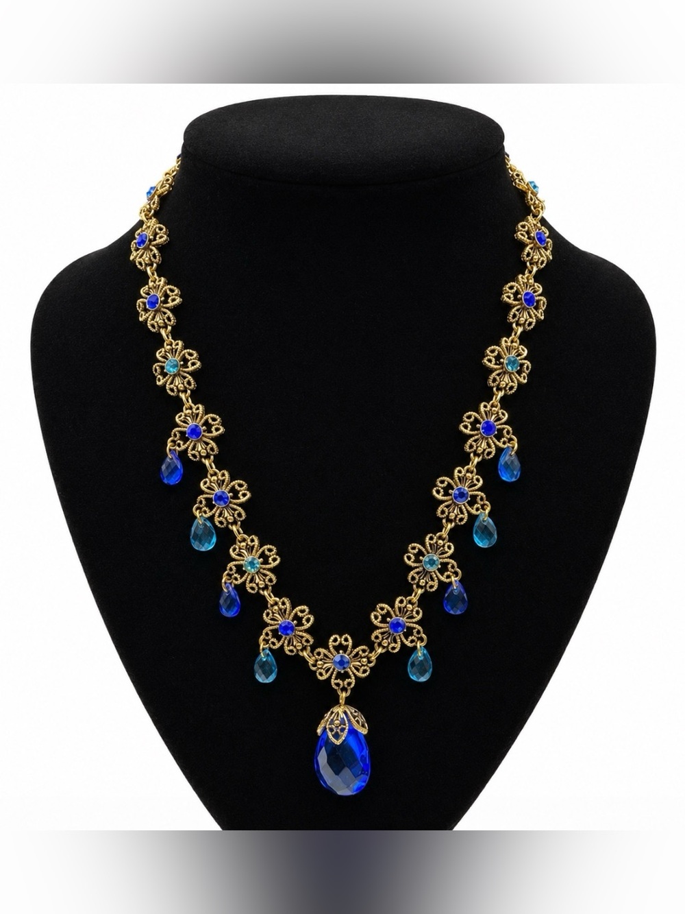 Avon Collier Briolette Multicolore Blue Rhinestone Scroll Gold Necklace Vintage - Picture 6 of 10